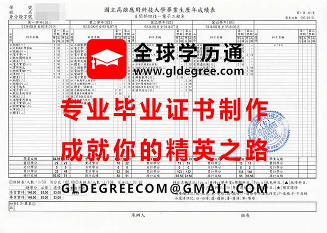 國立高雄應用科技大學成績表式樣|印製台灣學歷文憑|辦理高雄科大畢業證書